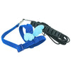 Blue adjustable bird training harness and leash set with a fluffy blue attachment