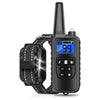 A black rechargeable dog training collar with a remote control and display is shown against a white background.