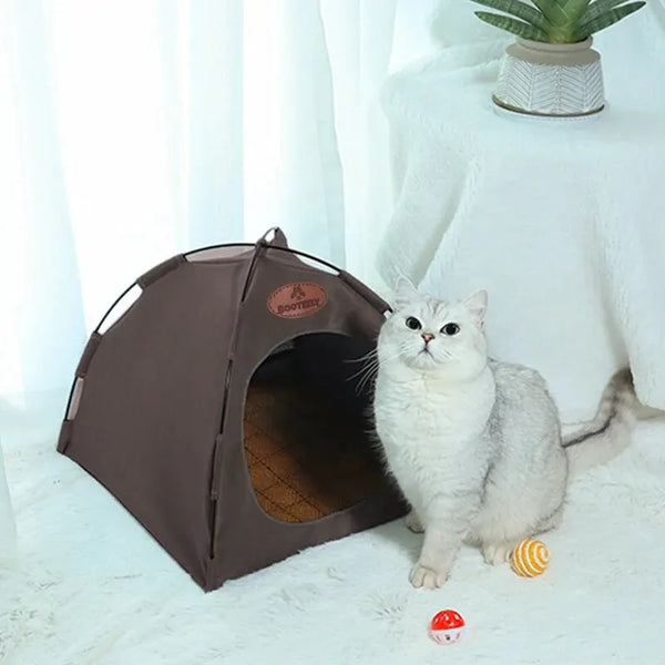 A brown foldable pet tent for cats is placed on a white surface next to a potted plant and a small orange ball.
