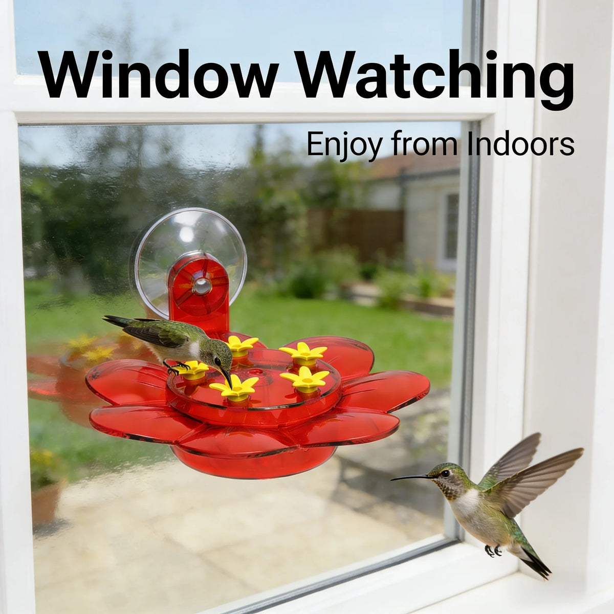 A red hummingbird feeder with a suction cup and hanging hook is visible through a window.