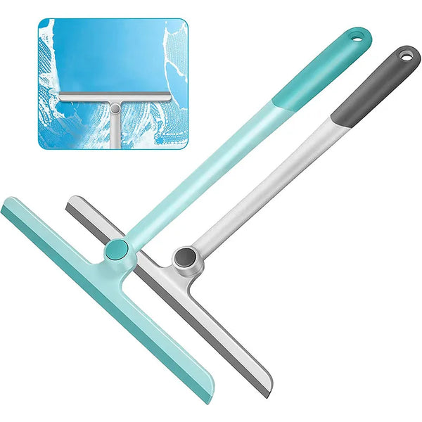 A set of three silicone shower squeegees and a holder for rotating cleaning.