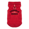 A bright red, fuzzy pet jacket for dogs with a leather-like pull tab.
