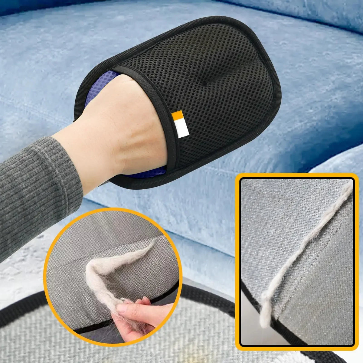A hand wearing a reusable pet hair cleaning glove for dogs and cats, showing the texture of the glove.