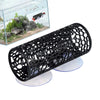 Black aquarium hideout tube with a honeycomb mesh and suction cups for fish