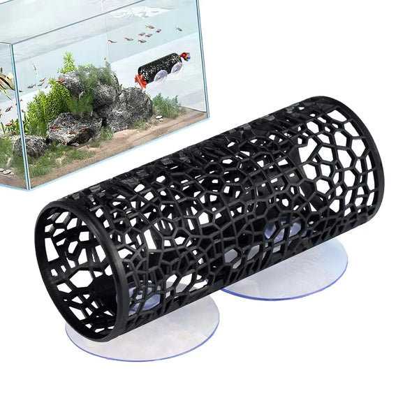 Black aquarium hideout tube with a honeycomb mesh and suction cups for fish