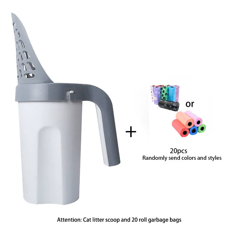 A white integrated cat litter scoop and poop pick-up tool with a gray handle and 20 randomly selected colored garbage bags.