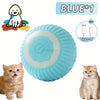 A blue automatic rolling interactive ball for cats is shown next to two domestic cats.