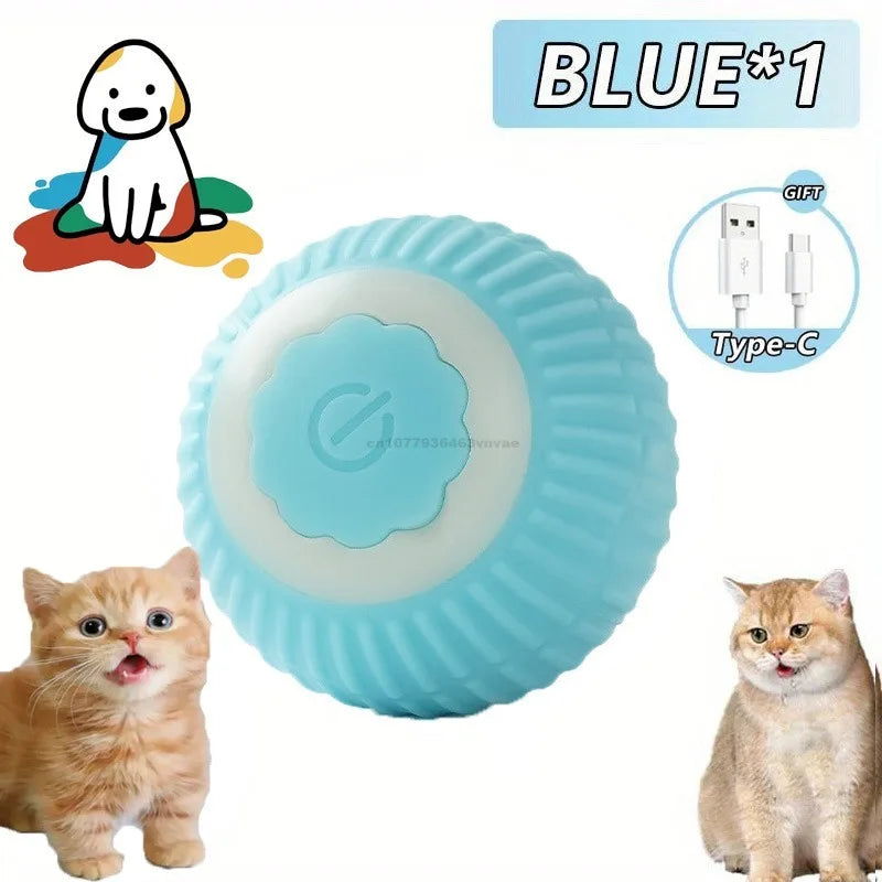 A blue automatic rolling interactive ball for cats is shown next to two domestic cats.