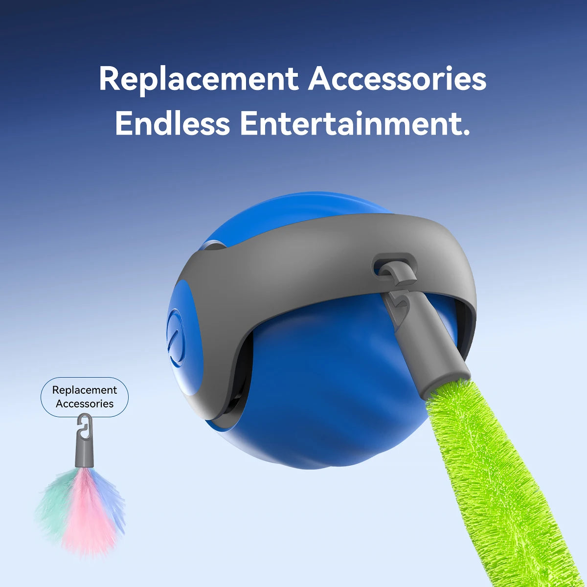 A blue cat toy ball with a gray attachment and a bright green accessory cord.