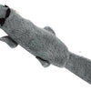 A gray crinkle squeaky dog toy with a black nose is shown.