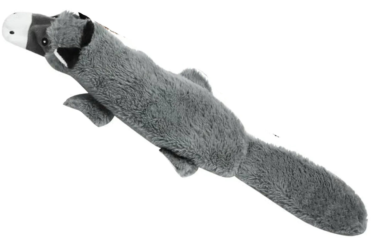 A gray crinkle squeaky dog toy with a black nose is shown.