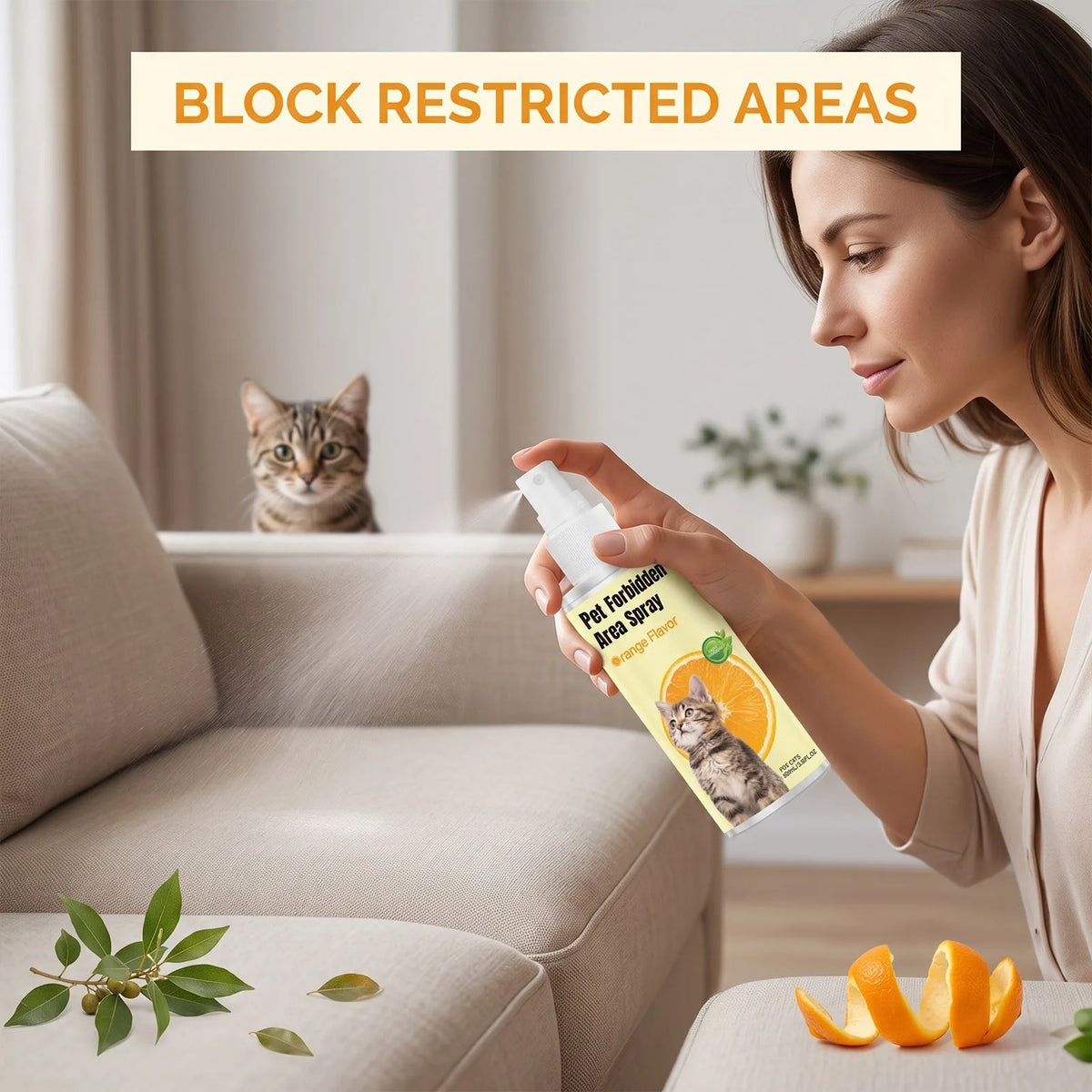 A woman sprays a pet forbidden area spray on a cat in a living room setting.