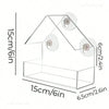 Clear window hanging bird feeder with a pitched roof and tray, shown with dimensions.