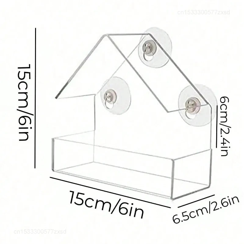 Clear window hanging bird feeder with a pitched roof and tray, shown with dimensions.