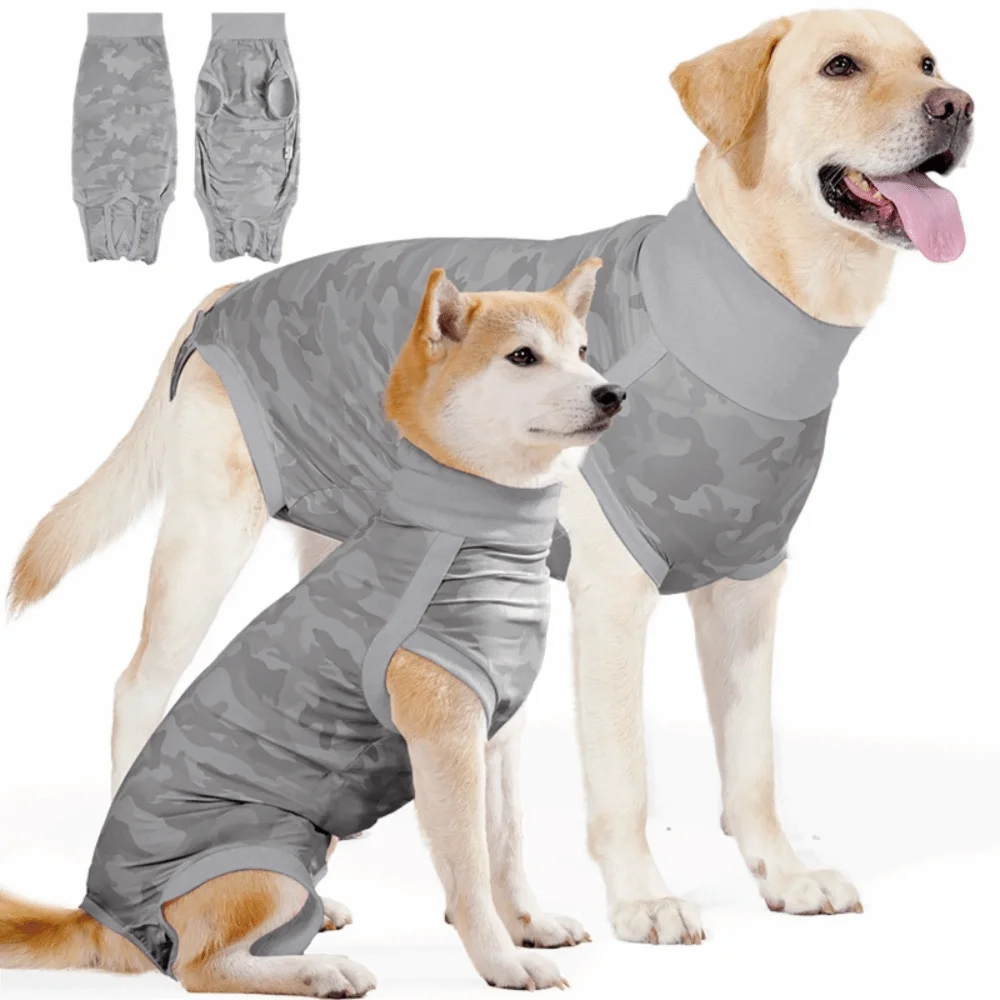 Golden Retriever mit grauem Tarn-Anxiäts- und Genesungsvest, separate Teile gezeigt.