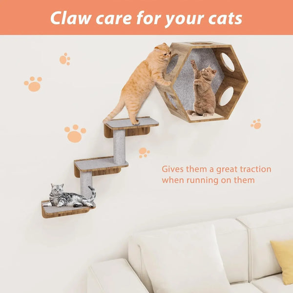 A wooden cat scratching post with a sisal pad, used for cats to scratch and gain traction.