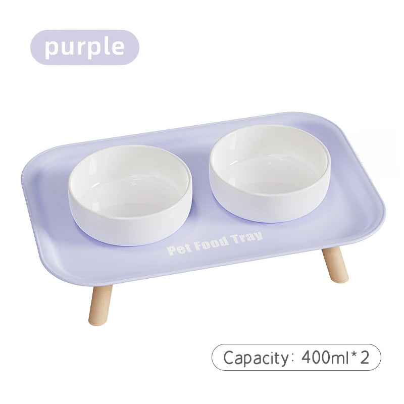 Purple pet food tray with two white bowls, capacity 400ml each.