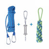 A bundle of blue and green cotton rope toy with metal clasps and a separate spring pole toy.