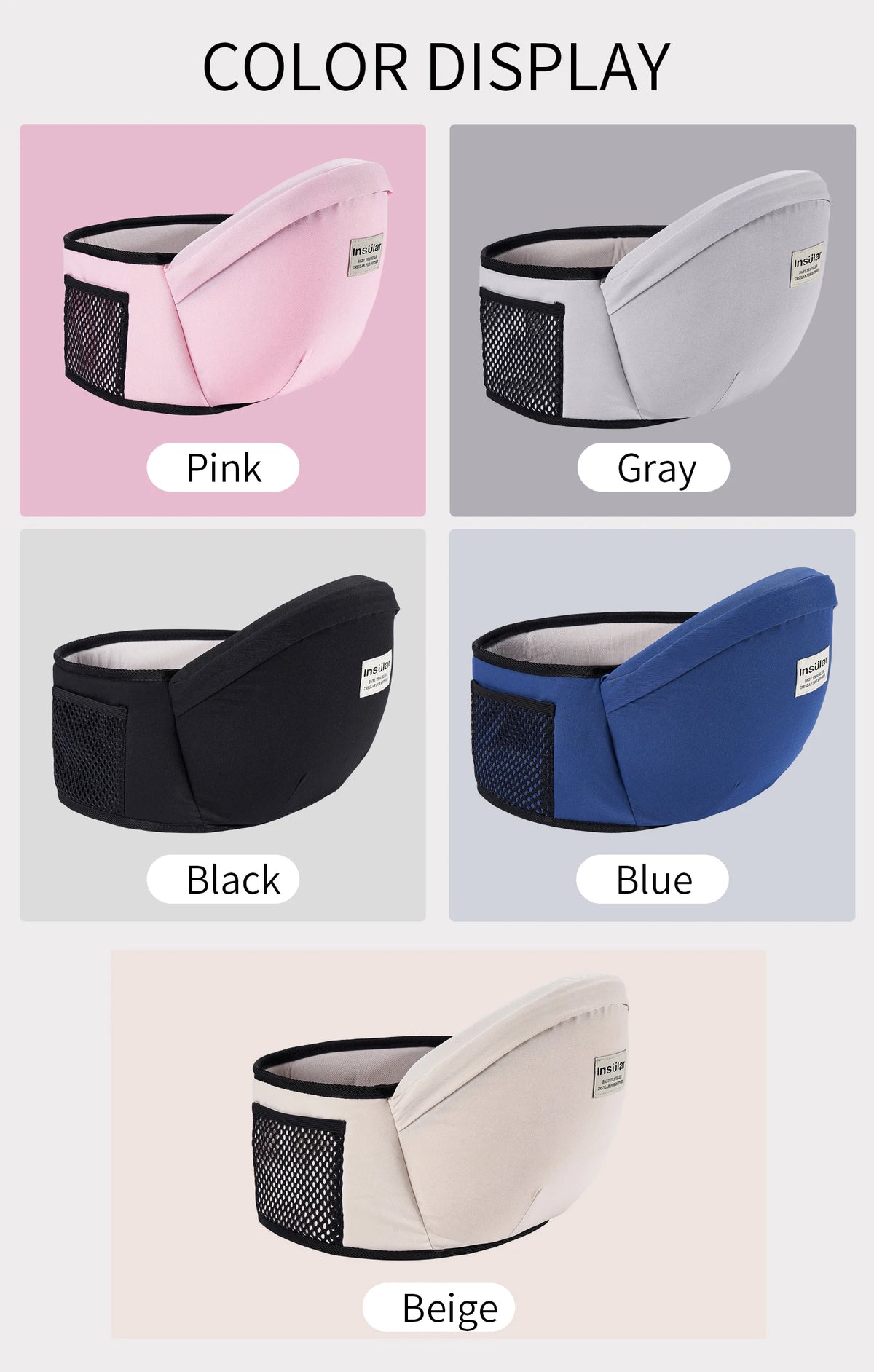 Farbansicht der verstellbaren Babytrage-Hüftgurte in rosa, grau, schwarz, blau und beige.