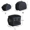 Black breathable pet carrier backpack shown in small, medium, and large sizes with dimensions.