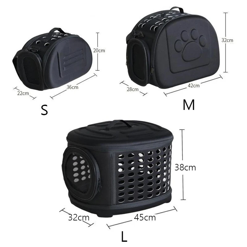 Black breathable pet carrier backpack shown in small, medium, and large sizes with dimensions.