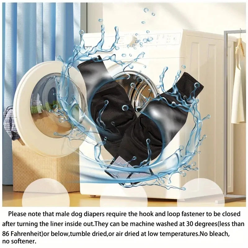 A black male dog diaper is shown being washed with water droplets, emphasizing its washable features.