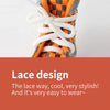 Close-up of a pair of orange and black woven laces tied on a shoe for a small dog.