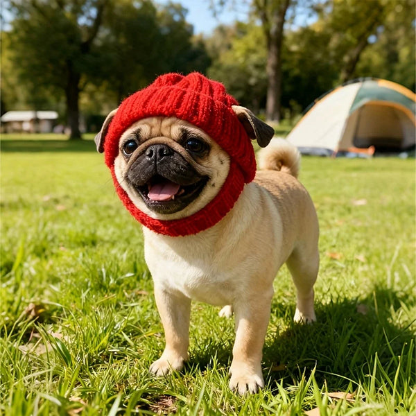 A fawn-colored dog wearing a bright red knit beanie hat outdoors in a grassy field.