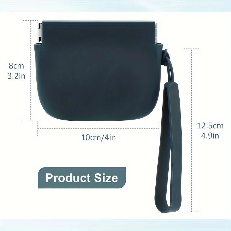 A dark blue portable silicone dog treat pouch with a strap, shown next to size measurements.