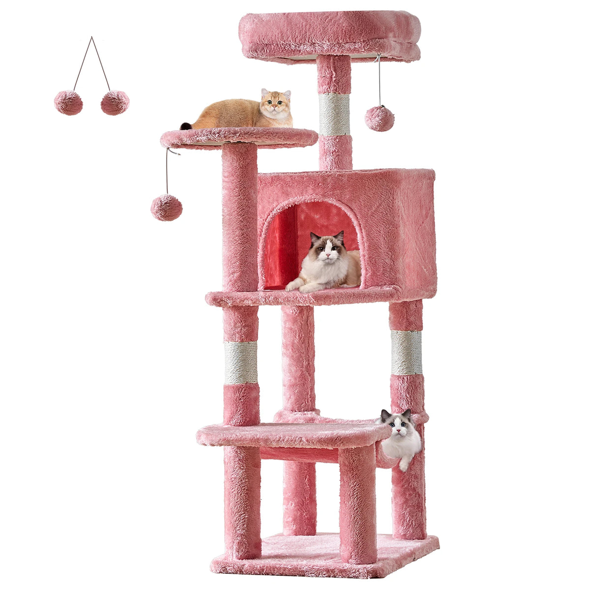 A multi-level pink sisal cat climbing tree with various platforms and hanging toys, featuring cats.