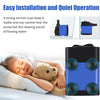 A blue submersible pump device is shown next to a sleeping child and a teddy bear, demonstrating quiet operation.