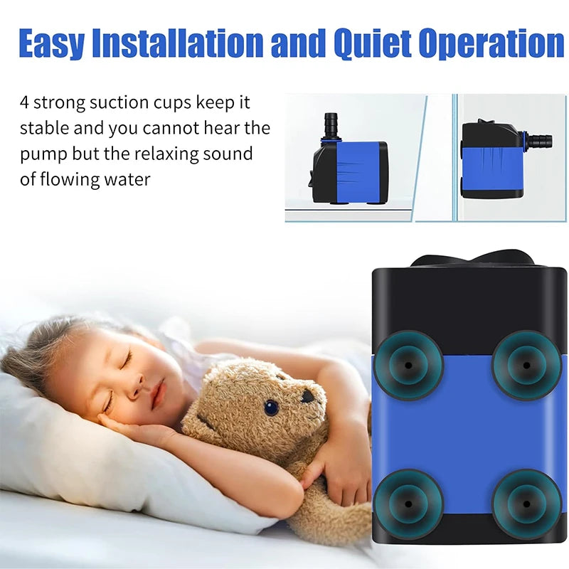A blue submersible pump device is shown next to a sleeping child and a teddy bear, demonstrating quiet operation.