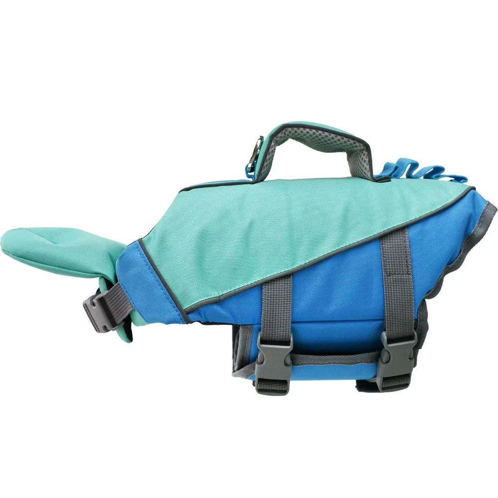 A teal and blue reflective dog life jacket with a padded top and straps.