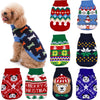 A collection of knitted dog sweaters featuring various holiday patterns and colors for small to medium breeds.