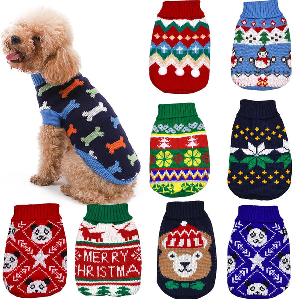 A collection of knitted dog sweaters featuring various holiday patterns and colors for small to medium breeds.