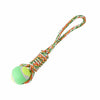 A green tennis ball attached to a durable bite-resistant dog spring pole toy with cotton rope.