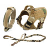 A heavy duty tactical dog harness with a padded vest and molli pouch system shown in various views.