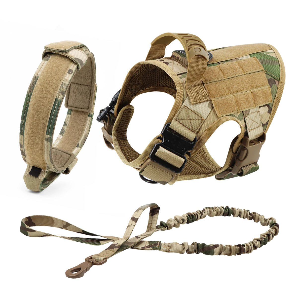 A heavy duty tactical dog harness with a padded vest and molli pouch system shown in various views.