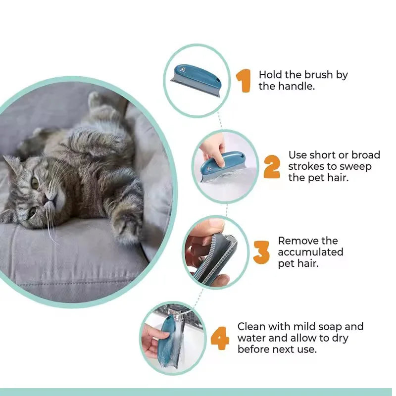 A four-step guide showing how to use a reusable pet hair remover brush on a cat.