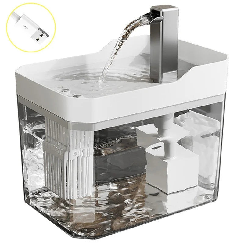 A clear water fountain for cats with a stainless steel spout and a white base, shown with an inset diagram.