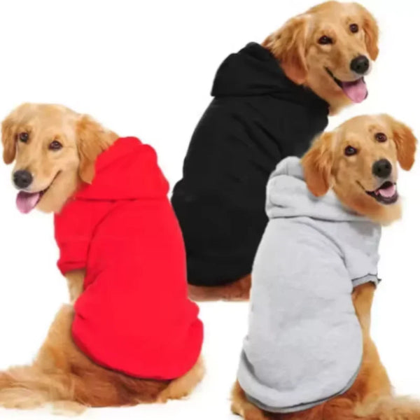 Three golden retriever puppies wearing cozy autumn and winter hoodies in red, black, and gray.