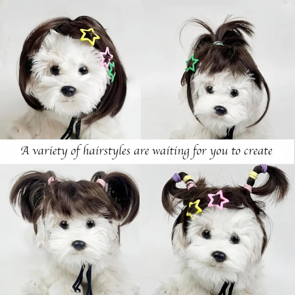Vier Bilder verschiedener Frisuren auf einer weißen Hundekopfbedeckung für Cosplay