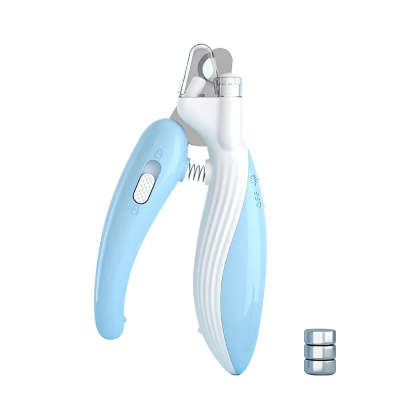 A light blue professional pet nail clipper with a silver clamp and LED light feature.
