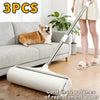 A white extendable pet hair lint roller with a replacement paper refill roll is shown next to a dog on a sofa.