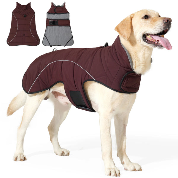 A tan dog wearing a dark brown waterproof coat with reflective accents, shown alongside different styles of coats.