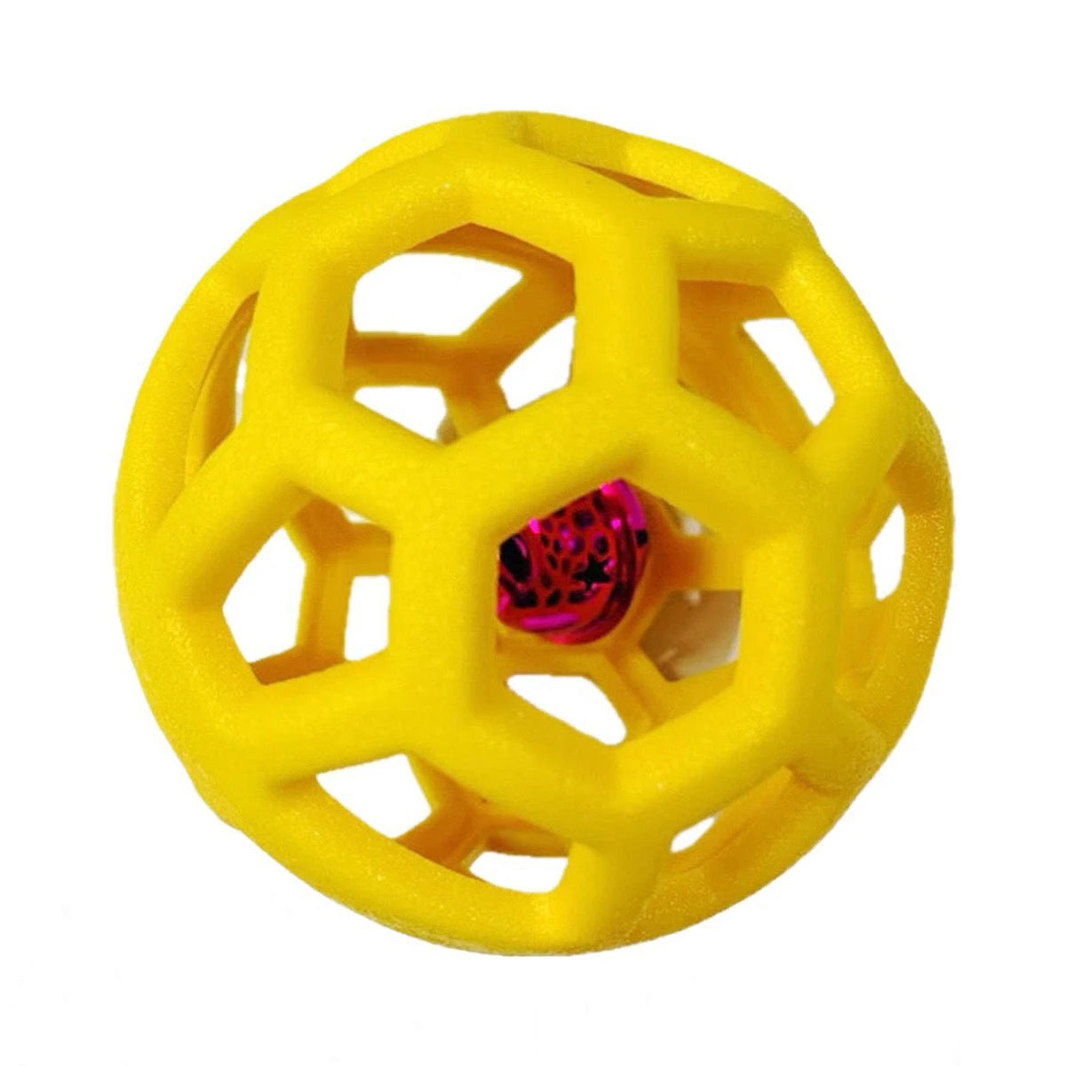 Yellow natural rubber interactive dog chew ball with a bell, featuring an octagonal honeycomb structure.