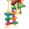 Colorful wooden bead chew toy for parrots featuring various colored wooden blocks and a hanging bell.