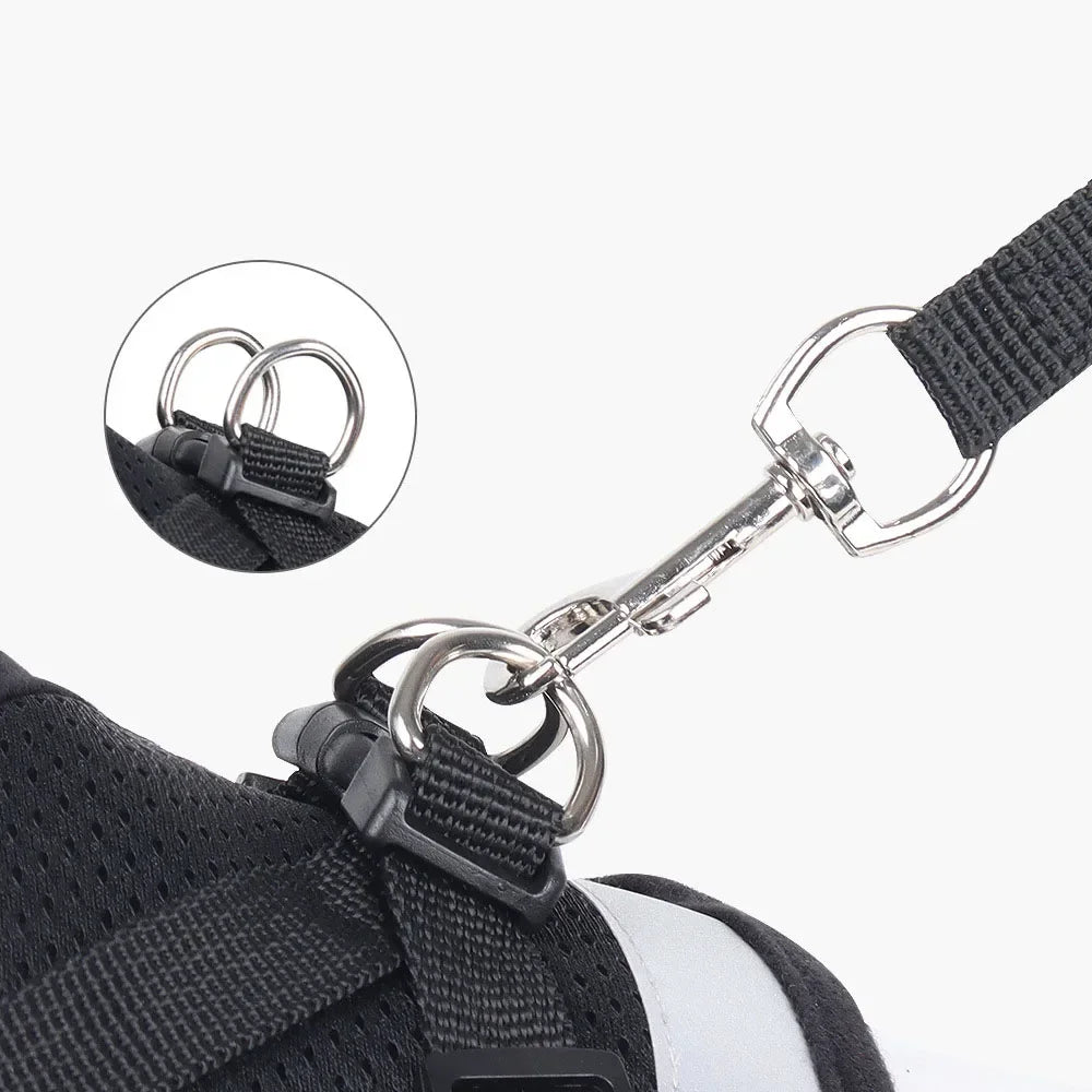 Close-up of a black adjustable reflective mesh pet harness attached to a shoe, showing the hardware and strap detail.