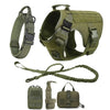 A tactical dog harness featuring a collar and multiple MOLLE pouches in olive green fabric.