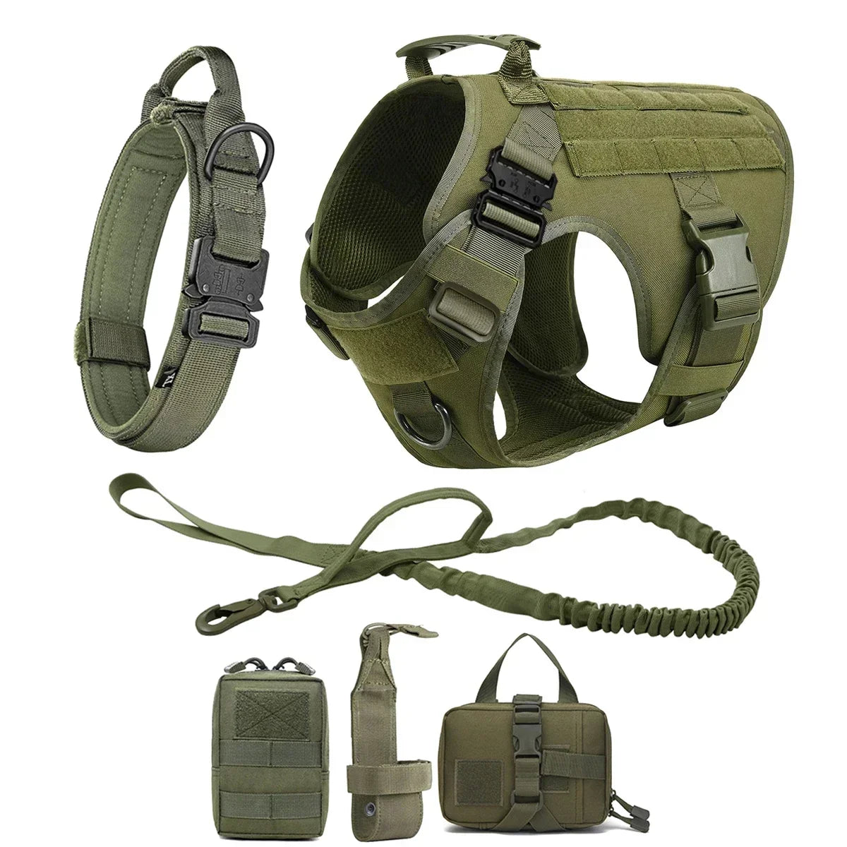 A tactical dog harness featuring a collar and multiple MOLLE pouches in olive green fabric.